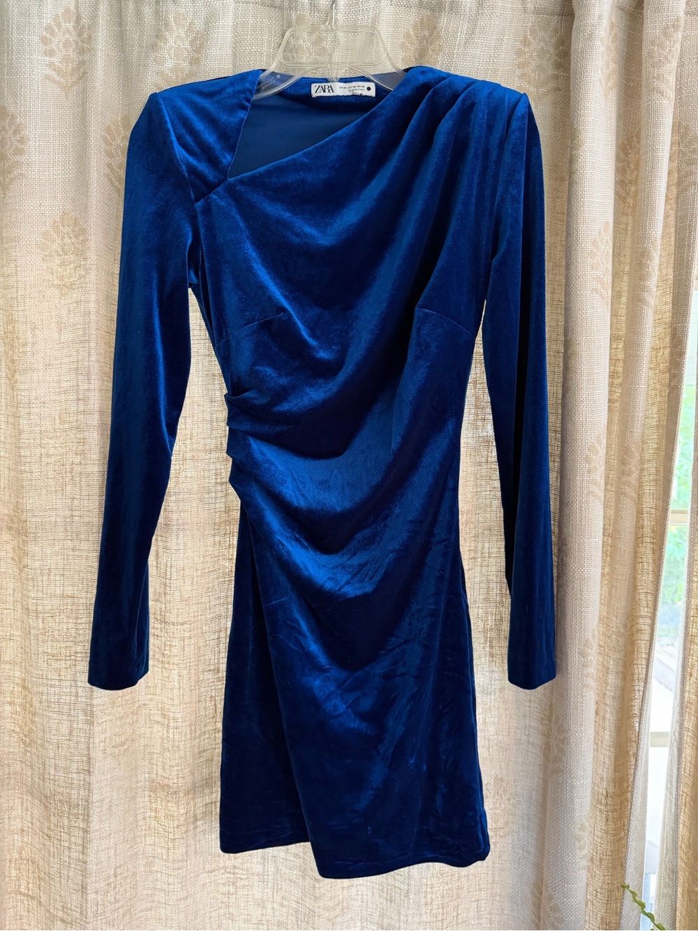 Zara Royal Blue Velvet Cowl Neck Ruched Mini Dress XS